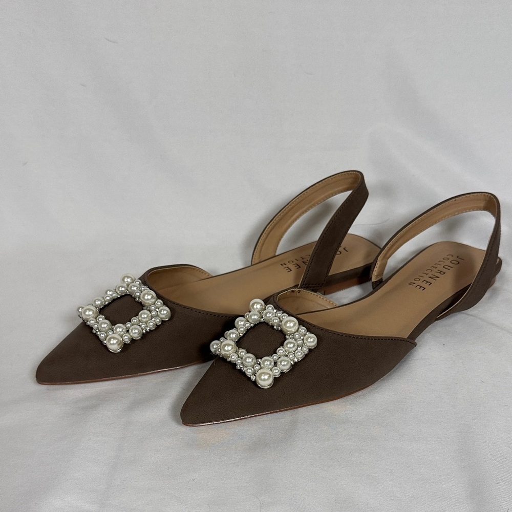 Journee Collection Brown Flats with Pearl Embellishments